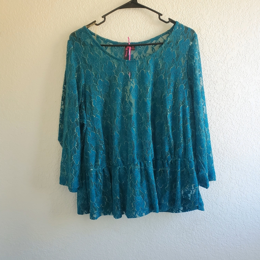Tattoo Me Peplum Top Blouse XL Teal Green‎ with Metallic Floral Fully Sheer